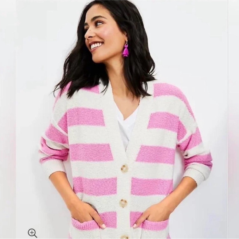 LOFT bubble gum Pink and White Striped Button-Front V-Neck Cardigan